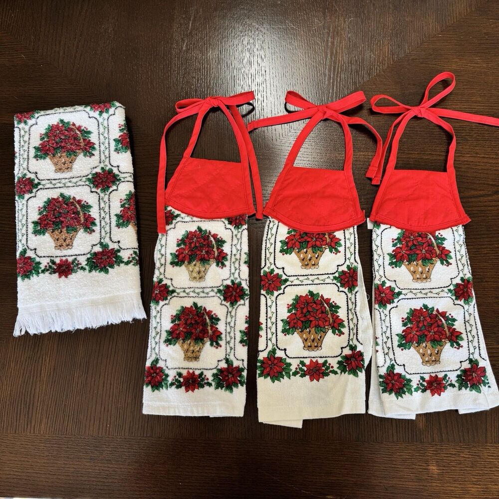 Vintage Royal Terry B&D Christmas Poinsettia Towels Set 4 Hanging Kitchen USA